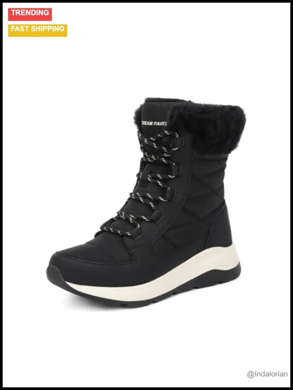 Mid Calf Warm Winter Snow Boots with Faux Fur Lining, Lace-up, Water Repellent